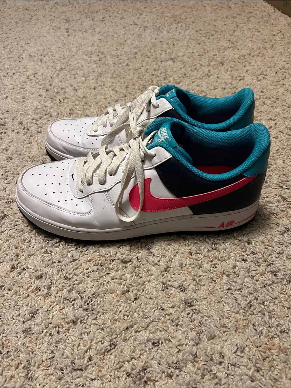 Nike Low-Top Air Force 1 - White with Pink & Yellow Swooshes, Teal Lining
